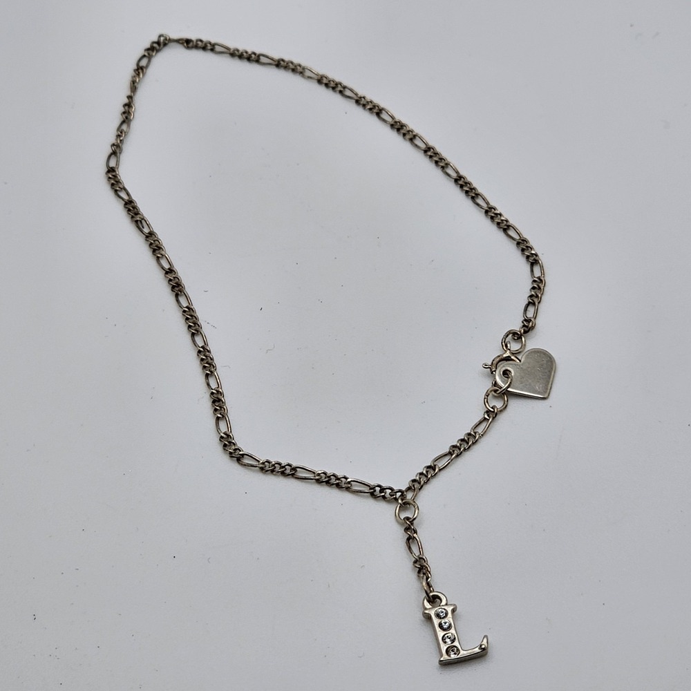Sterling Silver Figaro Bracelet w/ Letter initial L And Heart Charm 2.7 Grams